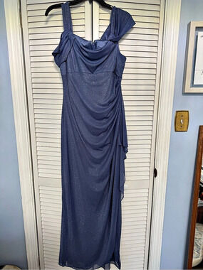 Alex Evenings Cold-Shoulder Drape Glitter Mesh Dress Blue